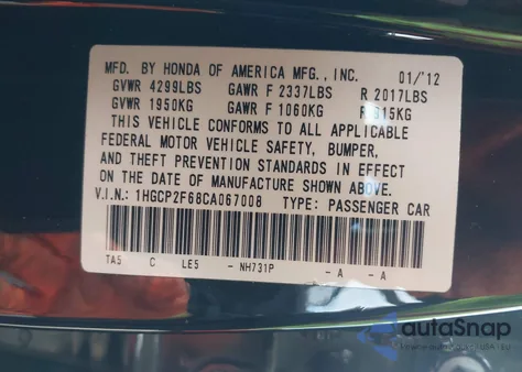 2012 Honda Accord 2.4 Se z USA, uszkodzony, nr VIN 1HGCP2F68CA067008